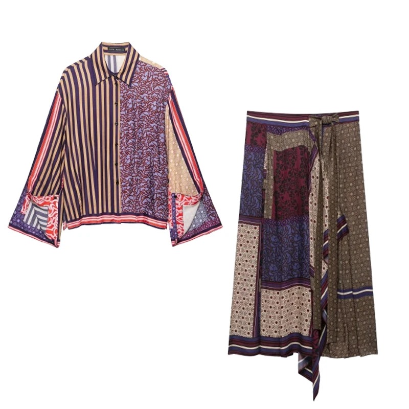 Shirt Camp Collar - Setelan Rok Sarong Cetak Elegan dan