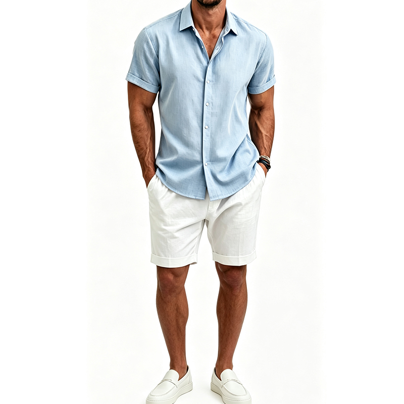 Linen Shirt Breathable - Setelan Kemeja dan Celana Pendek Pria