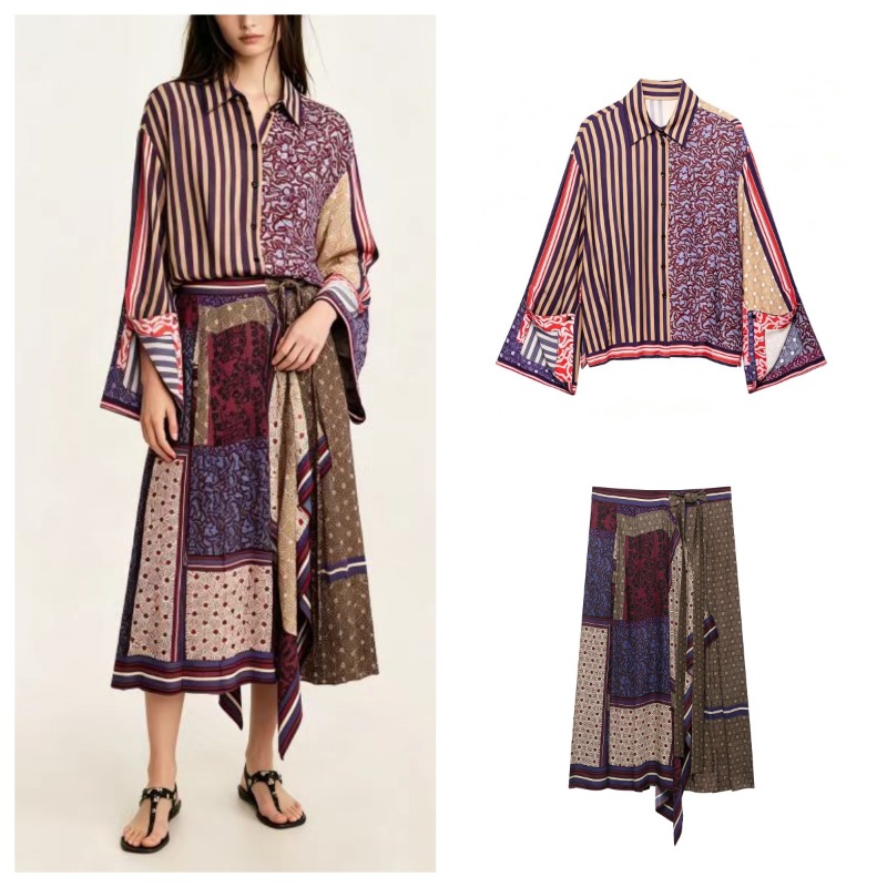 Setelan Rok Sarong Cetak Elega - Shirt Camp Collar ulasan dan harga